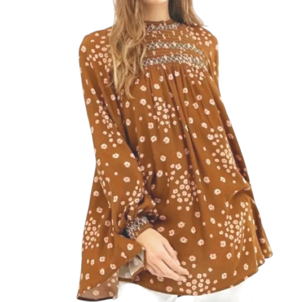 Free People mini dress tunic floral Smocked Boho XS EUC